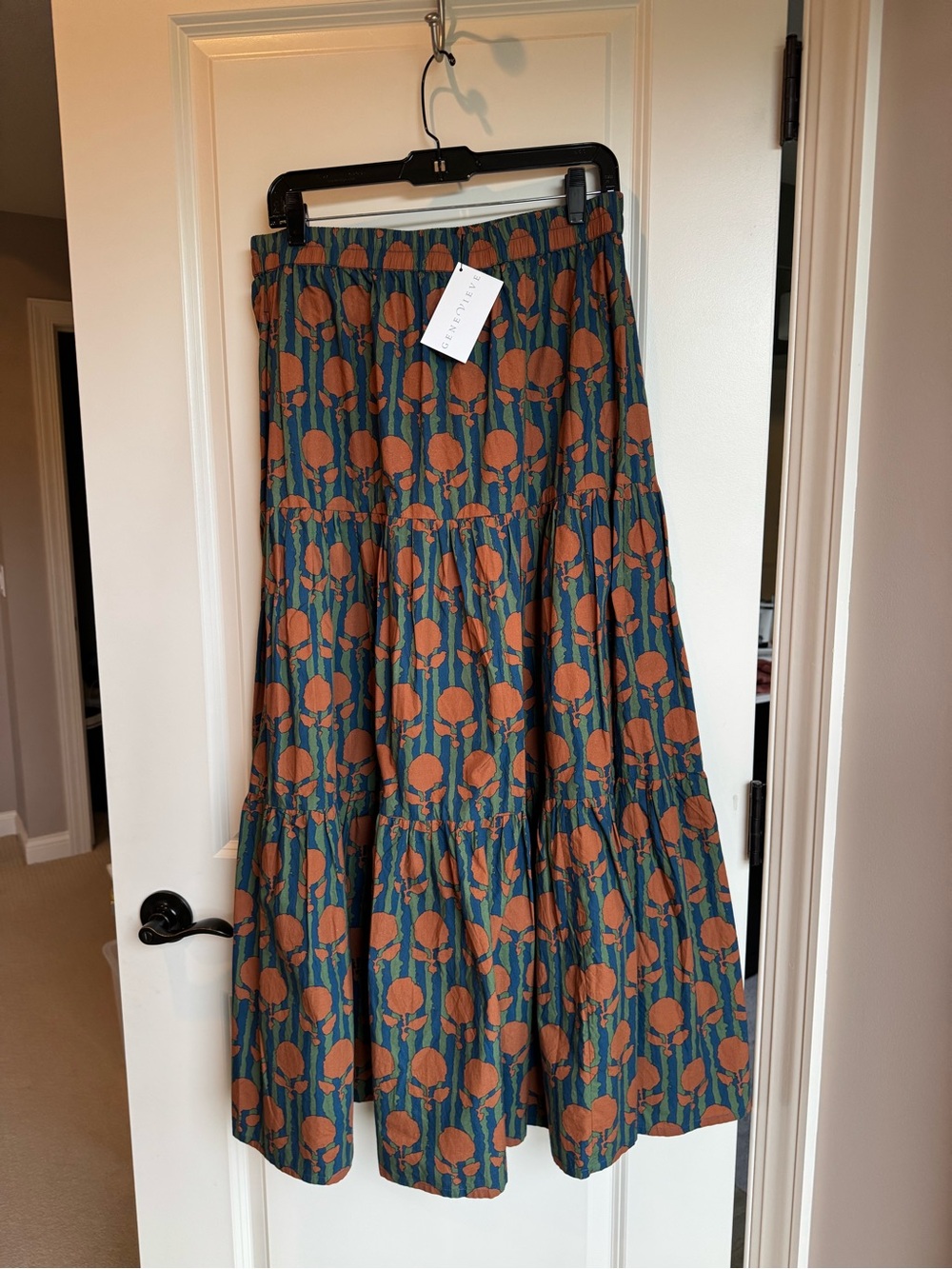 Oliphant Teal and Rust Floral Tiered Maxi Skirt with Elastic Waist